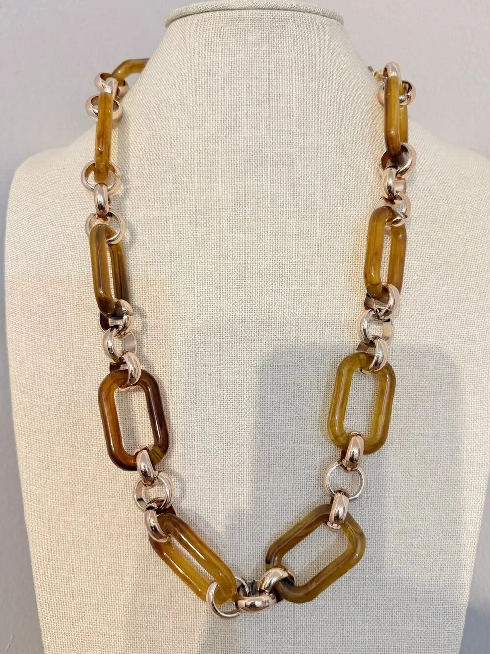 Spring Street Chunky Resin Link Necklace 26” Amber Gold Tone Chain